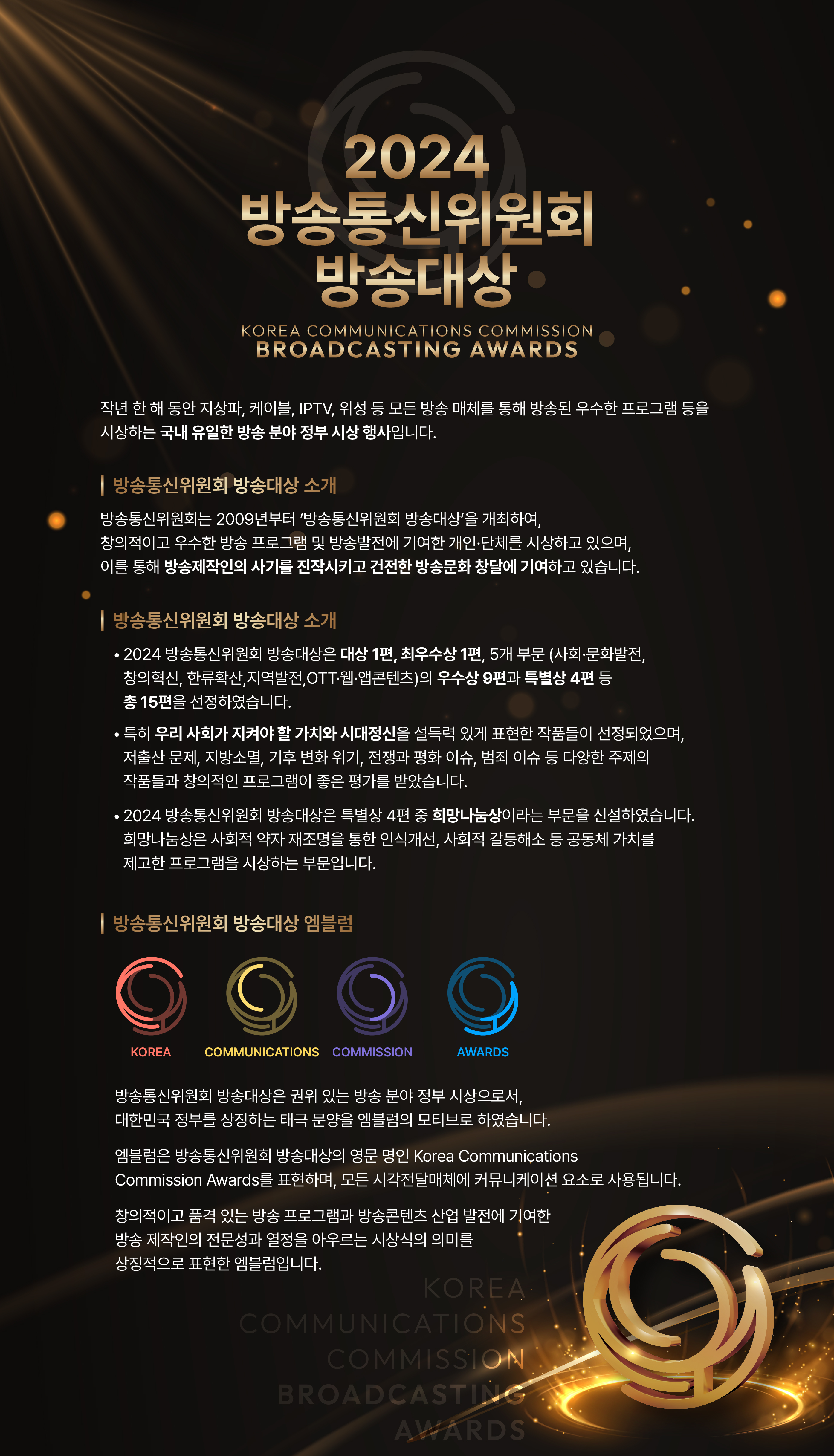 2024 방송통신위원회 방송대상 / KOREA COMMUNICATIONS COMMISSION BROADCASTING AWARDS / 작년 한 해 동안 지상파, 케이블, IPTV, 위성 등 모든 방송 매체를 통해 방송된 우수한 프로그램 등을 시상하는 국내 유일한 방송 분야 정부 시상 행사입니다. / 방송통신위원회 방송대상 소개 / 방송통신위원회는 2009년부터 '방송통신위원회 방송대상'을 개최하여, 창의적이고 우수한 방송 프로그램 및 방송발전에 기여한 개인·단체를 시상하고 있으며, 이를 통해 방송제작인의 사기를 진작시키고 건전한 방송문화 창달에 기여하고 있습니다. / 방송통신위원회 방송대상 소개 / 2024 방송통신위원회 방송대상은 대상 1편, 최우수상 1편, 5개 부문 (사회·문화발전, 창의혁신, 한류확산, 지역발전, OTT·웹·앱콘텐츠)의 우수상 9편과 특별상 4편 등 총 15편을 선정하였습니다. / 특히 우리 사회가 지켜야 할 가치와 시대정신을 설득력 있게 표현한 작품들이 선정되었으며, 저출산 문제, 지방소멸, 기후 변화 위기, 전쟁과 평화 이슈, 범죄 이슈 등 다양한 주제의 작품들과 창의적인 프로그램이 좋은 평가를 받았습니다. / 2024 방송통신위원회 방송대상은 특별상 4편 중 희망나눔상이라는 부문을 신설하였습니다. 희망나눔상은 사회적 약자 재조명을 통한 인식개선, 사회적 갈등해소 등 공동체 가치를 제고한 프로그램을 시상하는 부문입니다. / 방송통신위원회 방송대상 엠블럼 / 방송통신위원회 방송대상은 권위 있는 방송 분야 정부 시상으로서, 대한민국 정부를 상징하는 태극 문양을 엠블럼의 모티브로 하였습니다. / 엠블럼은 방송통신위원회 방송대상의 영문 명인 Korea Communications Commission Awards를 표현하며, 모든 시각전달매체에 커뮤니케이션 요소로 사용됩니다. / 창의적이고 품격 있는 방송 프로그램과 방송콘텐츠 산업 발전에 기여한 방송 제작인의 전문성과 열정을 아우르는 시상식의 의미를 상징적으로 표현한 엠블럼입니다.